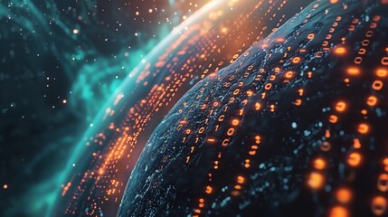 A digital planet made of binary code with a glowing blue background.