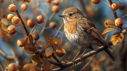 Wall Mural -   Small bird sitting on tree branch with berries; blue sky background