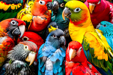 Group of colorful parrots sitting next to each other on table.