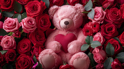 Wall Mural - An adorable pink teddy bear nestled among a bouquet of vibrant red roses clutching a plush red heart in its arms surrounded by petals and greenery in a romantic Valentine's Day scene.
