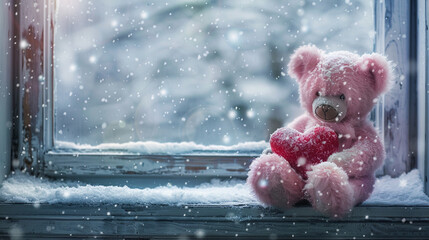 Wall Mural - An endearing pink teddy bear sitting on a window ledge against a backdrop of a snowy winter landscape holding a plush red heart and watching snowflakes gently fall outside