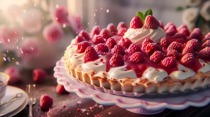 Wall Mural - Raspberry tart with whipped cream and fresh raspberries on a wooden table