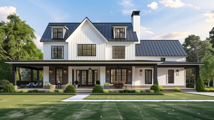 Modern farmhouse exterior with board and batten siding and a wraparound porch