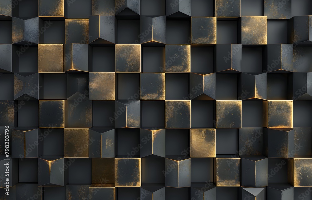 3D render of a black and gold geometric background pattern with cube ...
