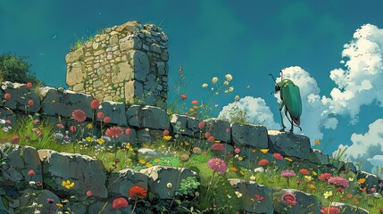 Wall Mural -   A bird perched atop a stone wall, beside a verdant field adorned with blossoming pink and yellow flowers