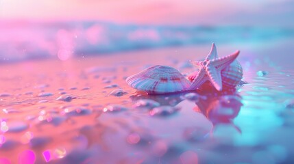 Poster - Two seashells are sitting on the beach in front of a pink and blue sky, AI