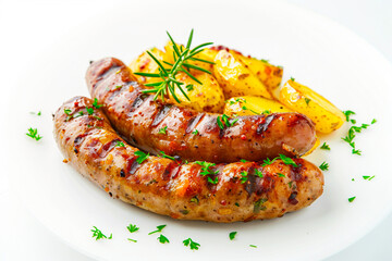 Wall Mural - Delicious grilled sausages and potatoes with rosemary on a white background.