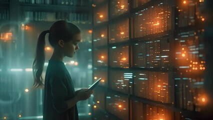 A child interfaces with glowing futuristic technology in the darkness.