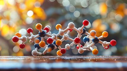 Wall Mural - A model of a molecule is displayed on a wooden table. The molecule is made up of many small balls, each with a different color. The arrangement of the balls creates a complex and intricate structure