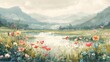 Landscape, Watercolor, Pastoral, Wildflowers, Mountain, Reflection, Lake, Art, Serene, Misty, Valley, Floral, scenic