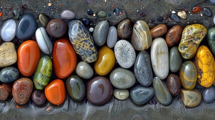 Sticker -   A cluster of stones stacked atop one another on a sandy shore beside a body of water