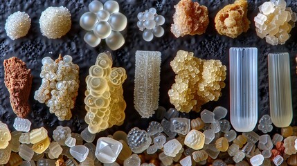 Sticker -   Close-up photo of diverse beads on a table against a backdrop of rocks and stones