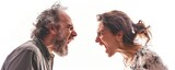 Fototapeta  - Mature man and woman expressing strong emotions in a heated argument, facing each other with mouths open against white backdrop.