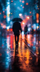 Canvas Print - A person walking down a street with an umbrella in the rain, AI