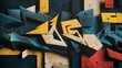 © Facundo - Graffiti art background, wallpaper with graphic stripes, in the style of dark blue, dark yellow, beige and red geometric shapes & patterns, unapologetic grit, folded planes, gritty, urban street