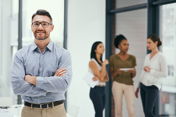 Poster - Businessman, portrait and confidence in office with team for leadership, planning and management. Project manager, staff and smile in workplace for collaboration, company and brainstorming idea