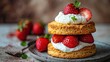   Stacked strawberry shortcakes with whipped cream and strawberries on a plate