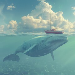 Wall Mural - whale in the ocean and ship and clouds 