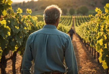 An elderly man walks thoughtfully through a vineyard. A connection with nature and agriculture is evident.