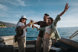 Fototapeta  - Group of cheerful friends enjoying a boat ride on a lake, toasting with beer and celebrating togetherness and relaxation.