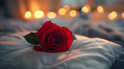 Poster - A single red rose sitting on a pillow in front of lights, AI