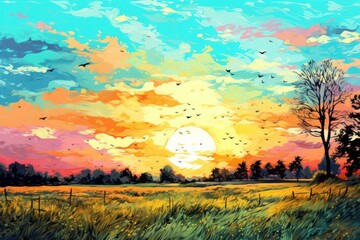 Meadow and sky landscape outdoors painting.