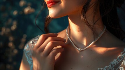 Elegant Woman with Pearl Necklace at Sunset