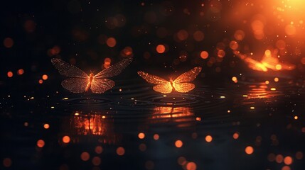Wall Mural -   A few golden butterflies hover above a shimmering water surface against an intense orange and black backdrop