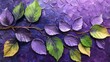 A deep purple impasto background, thickly layered to add luxury, accented with bright lime green leaves. Mothers day. 