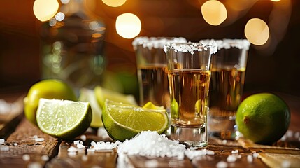 Tequila shots gleaming on a bar table accompanied by salt and lime embodying the essence of Mexico with its vibrant flavors and unmistakable charm