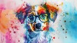 Pop art puppy with glasses in watercolor style with dots. Mixed magazine media design. Bright colors.