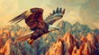 A majestic eagle crafted from sharp polygons, soaring high above a landscape of geometric mountains and valleys.