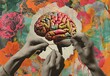 Contemporary art: Human hands knit brain, symbolizing psychological stability, abstractly portraying inner world, mental health, feelings. Conceptual art.