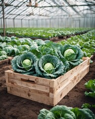 Wall Mural - Harvest of cabbage in a wooden box against the background of a vegetable garden. Brussels sprouts in basket against the backdrop of a greenhouse. Fresh harvest on the farm.