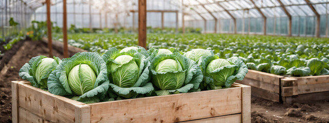 Wall Mural - Harvest of cabbage in a wooden box against the background of a vegetable garden. Brussels sprouts in basket against the backdrop of a greenhouse. Fresh harvest on the farm.