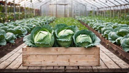 Wall Mural - Harvest of cabbage in a wooden box against the background of a vegetable garden. Brussels sprouts in basket against the backdrop of a greenhouse. Fresh harvest on the farm.