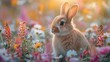 Rabbit Sitting in Field of Pink Flowers