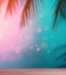 Pink and blue abstract tropical backdrop, palm leaves, bokeh lights, copy space