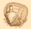 Wooden barrel, jug and grapes. Wine concept sketch. Winery vintage vector illustration