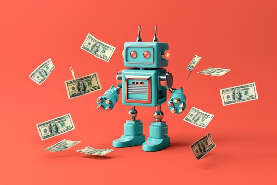Playful 3d rendering  ai robot amid flying dollar bills, symbolizing online shopping bonuses