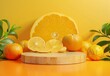 Wooden podium on vibrant backdrop, adorned with citrus fruits, ideal for showcasing cosmetics and beverages