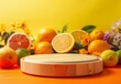 Wooden podium on vibrant backdrop, adorned with citrus fruits, ideal for showcasing cosmetics and beverages