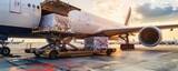 Fototapeta  - commercial airplane with cargo containers being loaded, signifying global transportation and logistics.