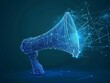 technology in Marketing and Promotion , digital blue low poly megaphone with glowing data streams, ai in advertisement and digital marketing strategies, attention and Awarenes, Activism and Advocacy.