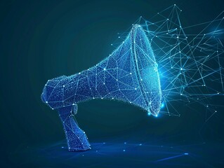 Wall Mural - technology in Marketing and Promotion , digital blue low poly megaphone with glowing data streams, ai in advertisement and digital marketing strategies, attention and Awarenes, Activism and Advocacy.