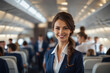 A flight attendant at her workplace. Escort of passengers on the plane.