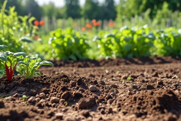 Wall Mural - Young green plants sprouting in fertile soil with background sunlight, representing sustainable agriculture or springtime growth, background with a place for text Скрыть
