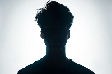 silhouette of a man's head, white background, back lit light, high contrast