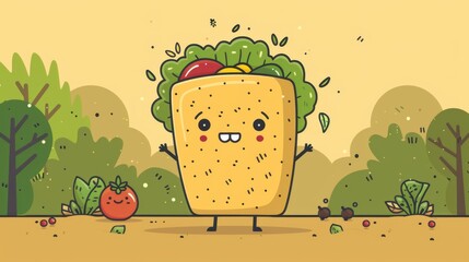 Sticker - A cartoon taco with a smile and vegetables on it, AI