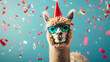 
Happy Birthday, carnival, New Year's eve, sylvester or other festive celebration, funny animals card - Alpaca with party hat and sunglasses on blue background with confetti